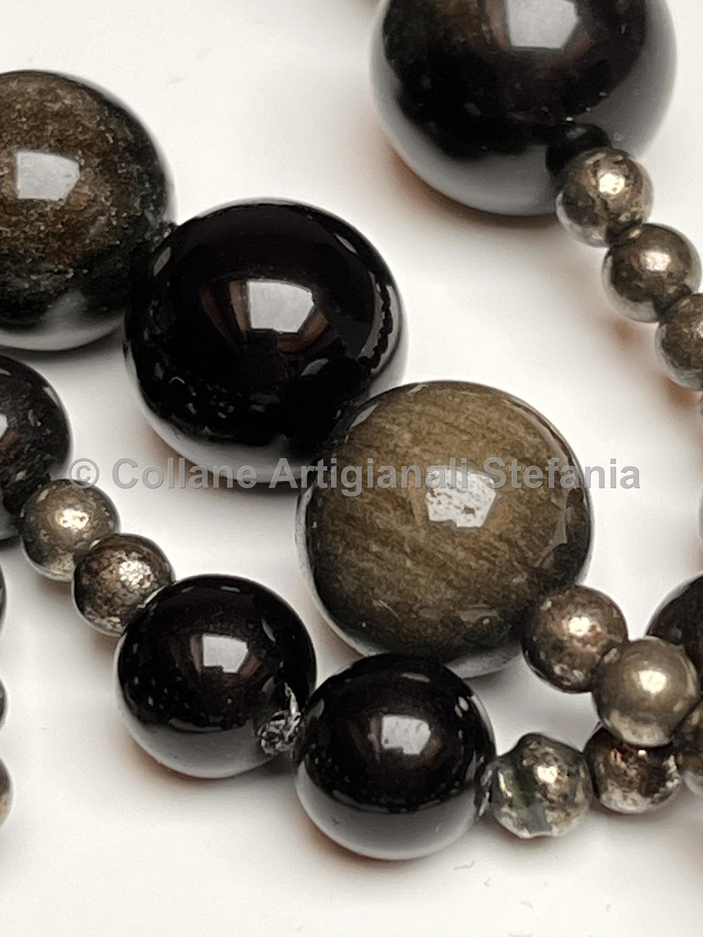 Collana con pietre dure di Ossidiana gold e Pirite