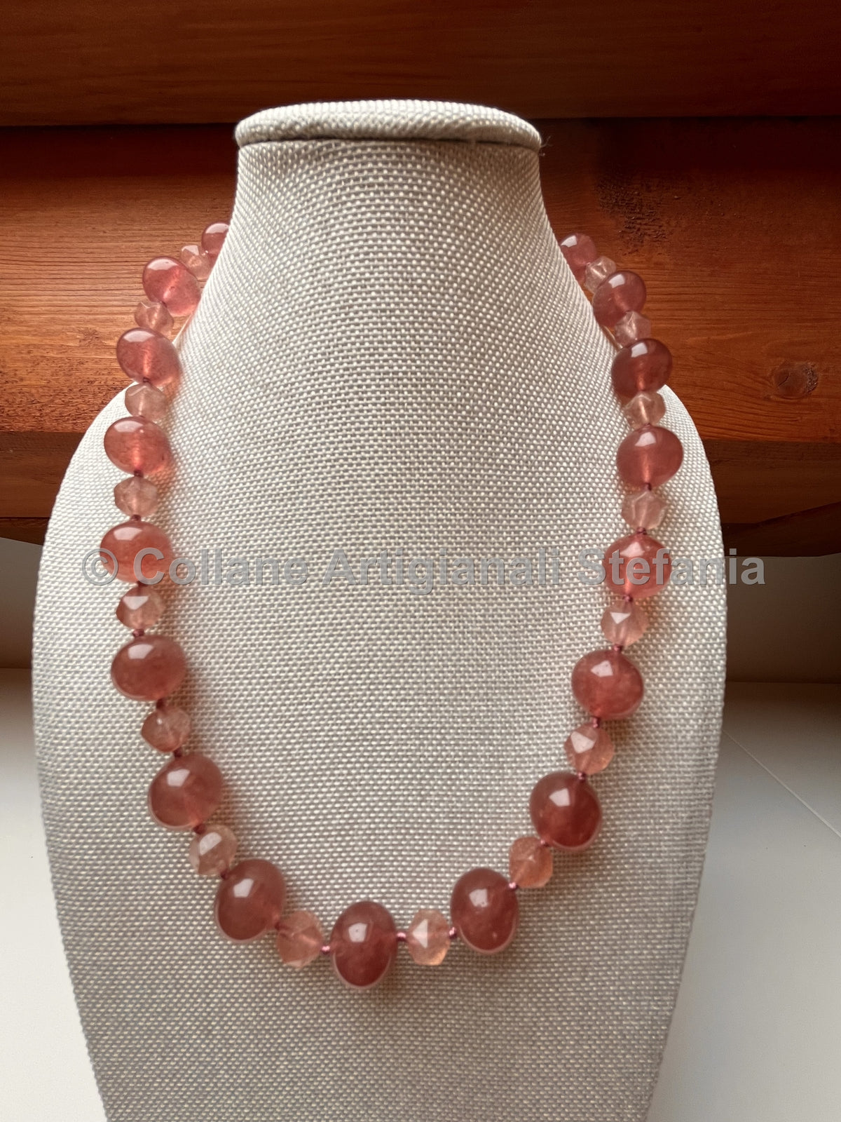 Collana in quarzo fragola con perle da 12 mm e sfaccettate da 8 mm