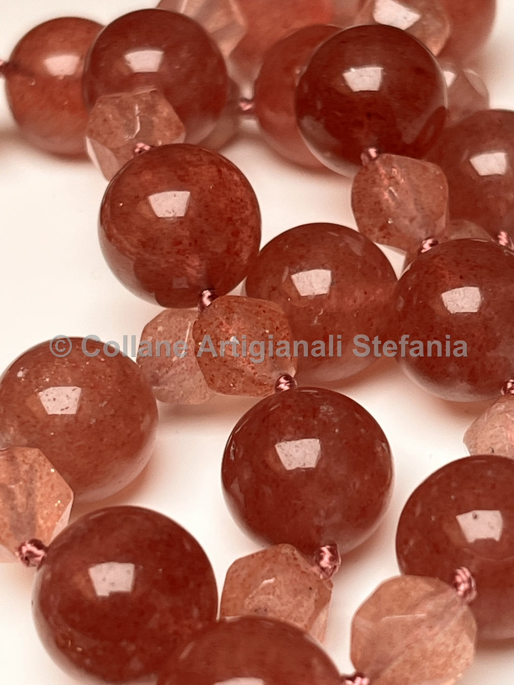 Collana in quarzo fragola con perle da 12 mm e sfaccettate da 8 mm