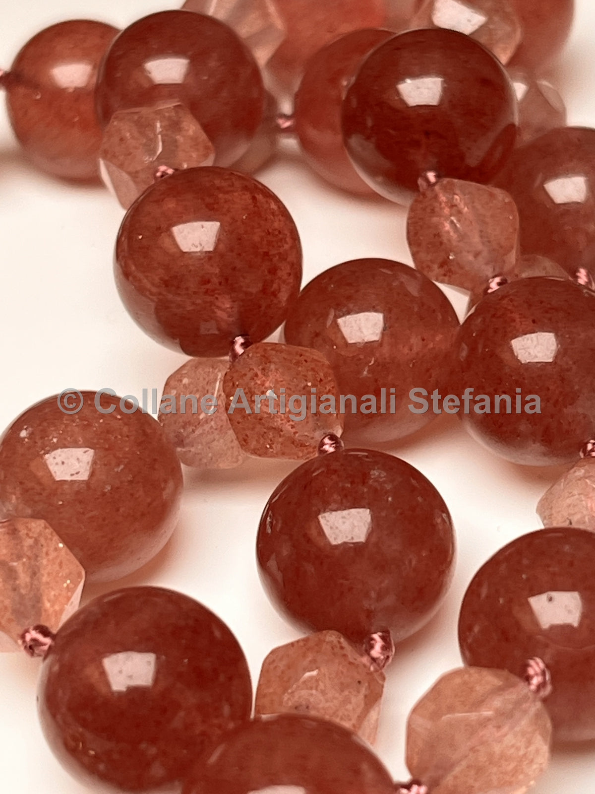 Collana in quarzo fragola con perle da 12 mm e sfaccettate da 8 mm