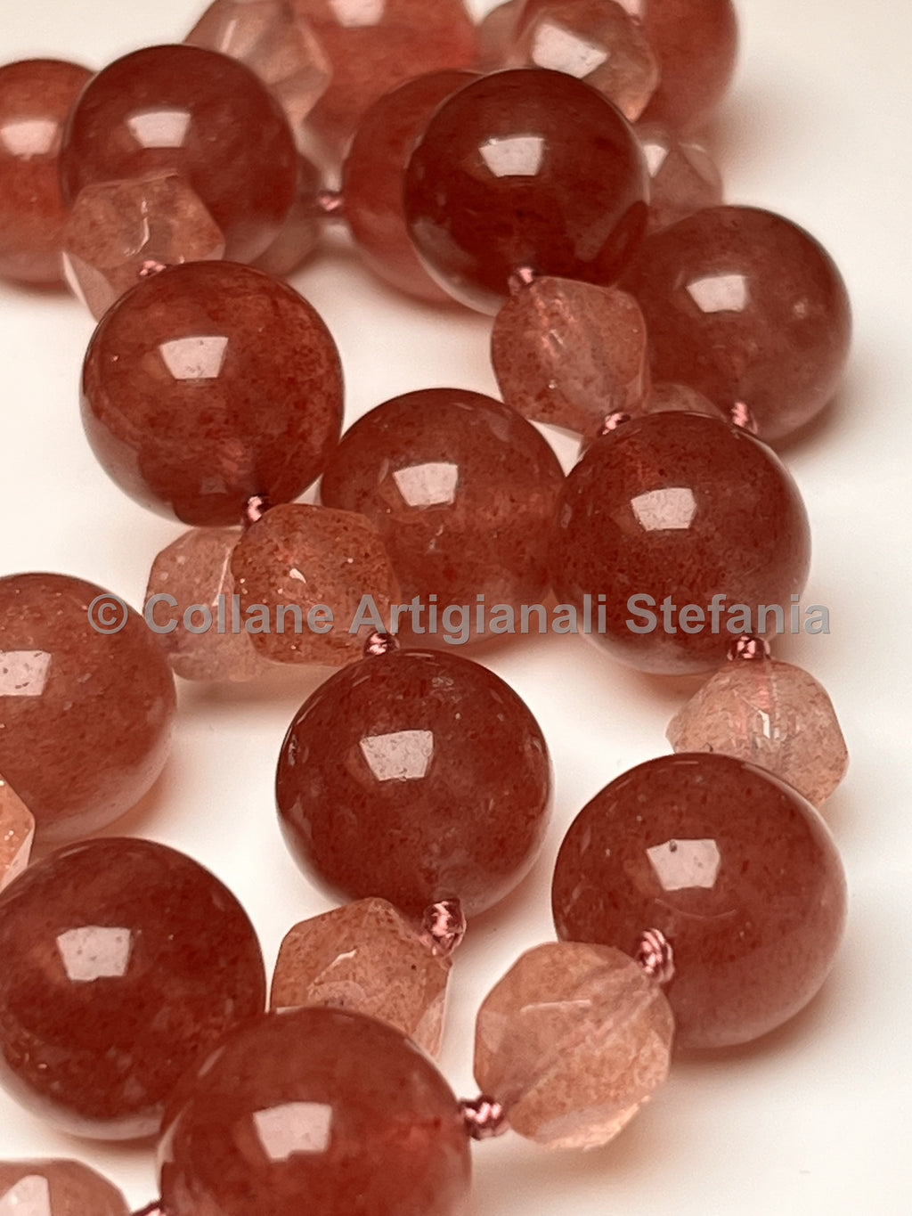 Collana in quarzo fragola con perle da 12 mm e sfaccettate da 8 mm