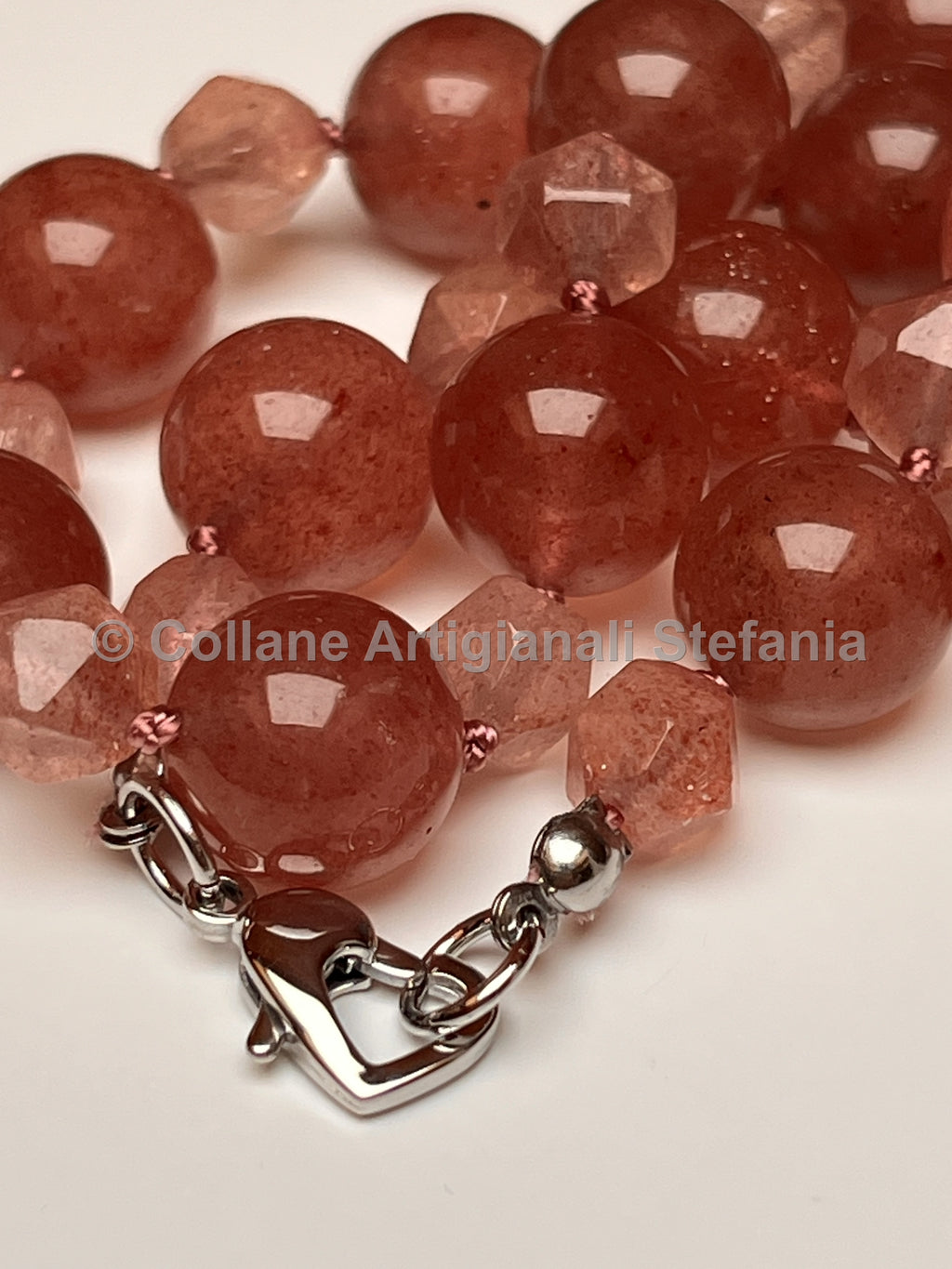 Collana in quarzo fragola con perle da 12 mm e sfaccettate da 8 mm