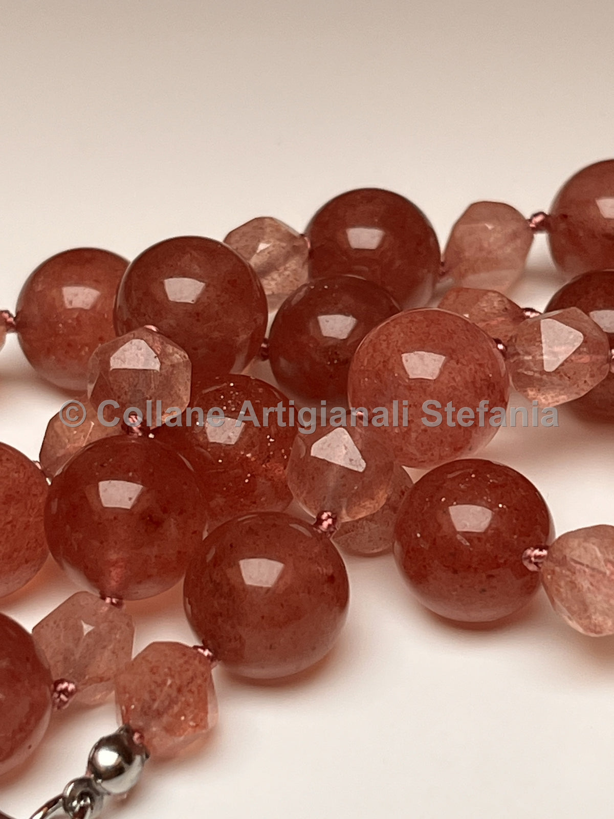 Collana in quarzo fragola con perle da 12 mm e sfaccettate da 8 mm