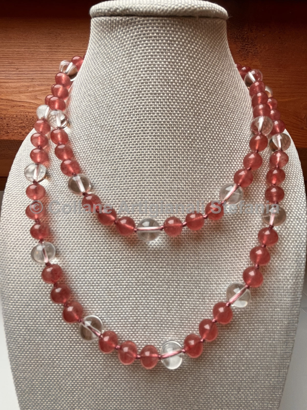 Collana lunga in quarzo fragola e quarzo ialino – 84 cm