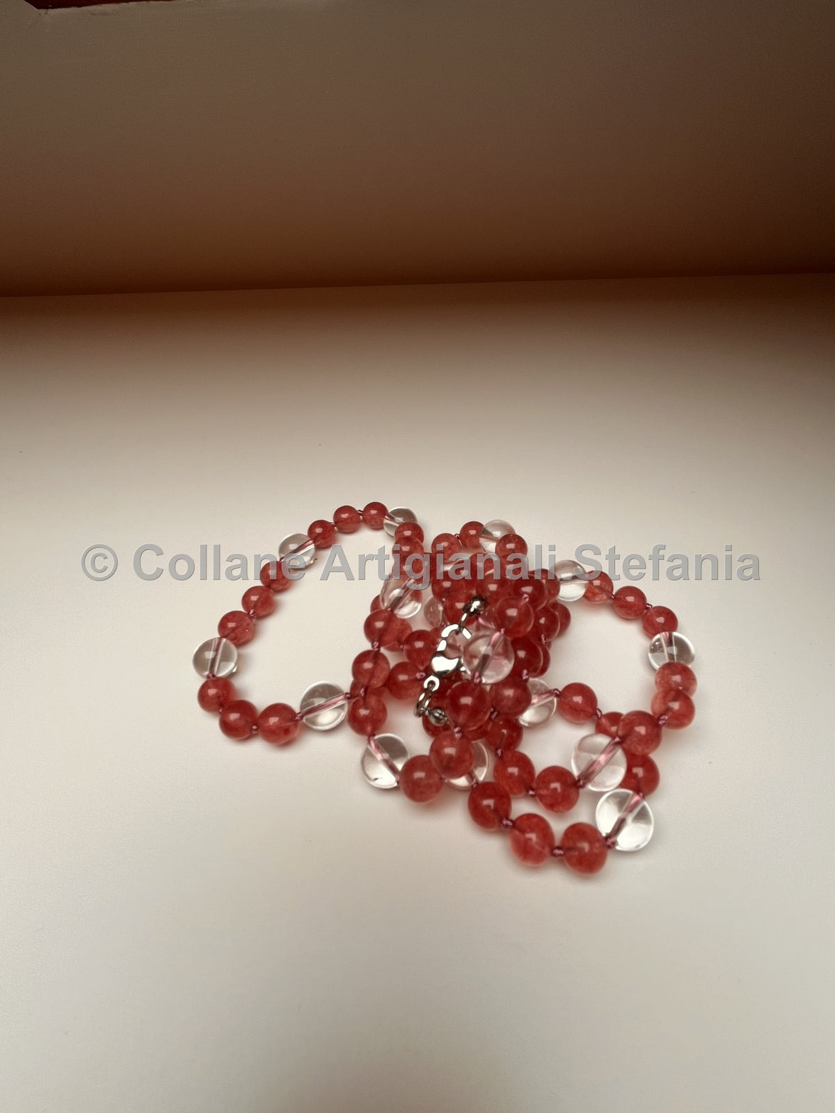 Collana lunga in quarzo fragola e quarzo ialino – 84 cm