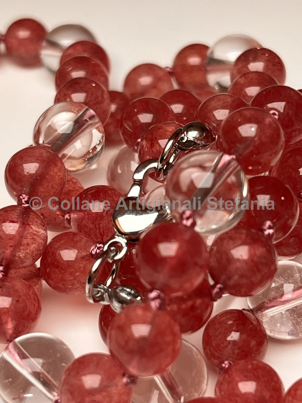 Collana lunga in quarzo fragola e quarzo ialino – 84 cm