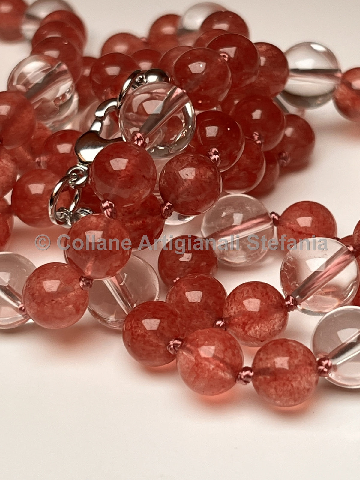 Collana lunga in quarzo fragola e quarzo ialino – 84 cm