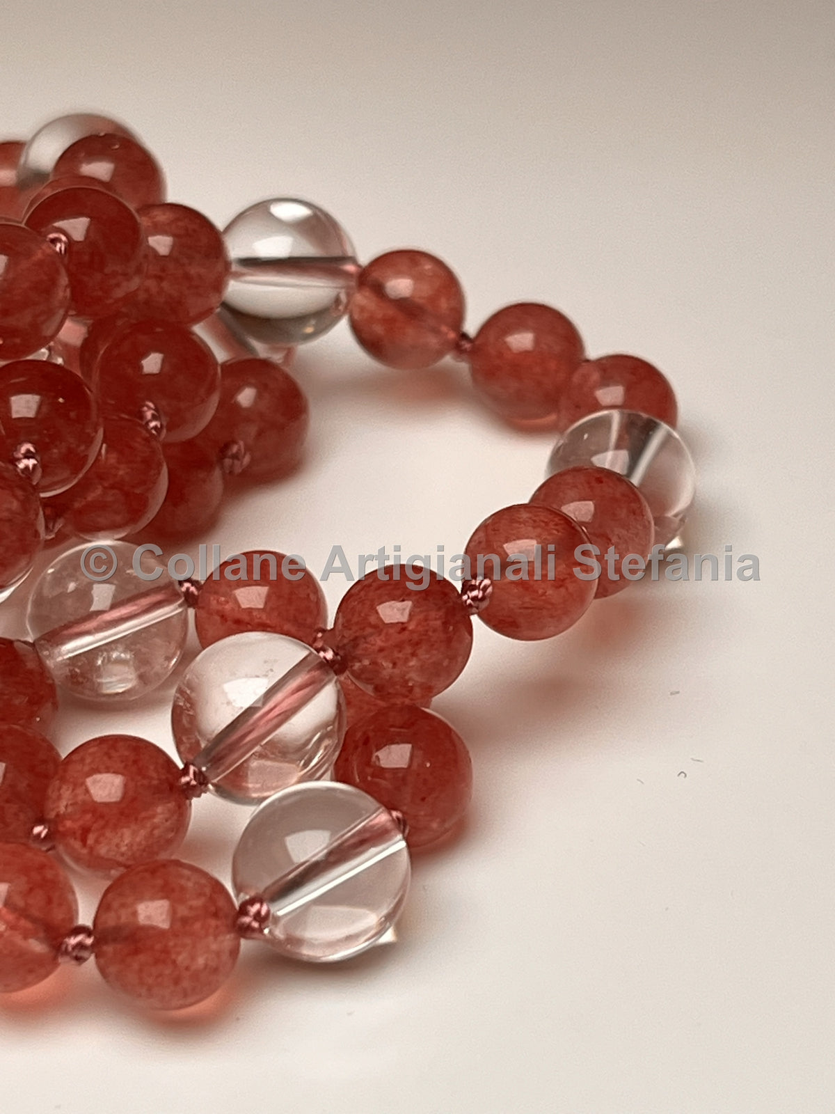 Collana lunga in quarzo fragola e quarzo ialino – 84 cm